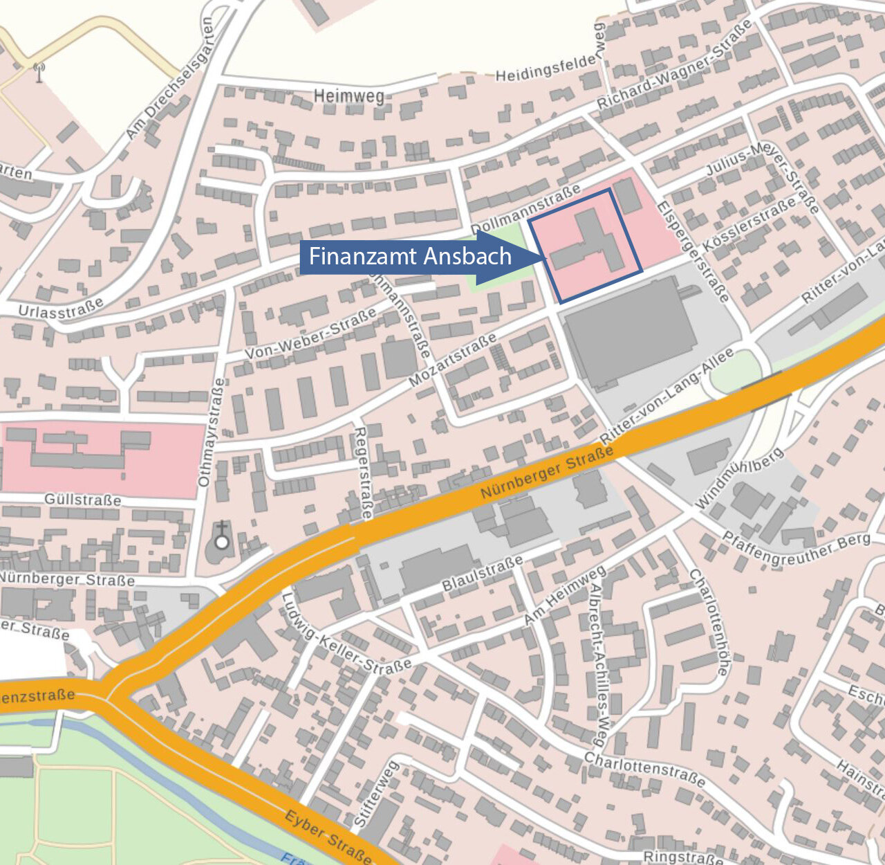  Lageplan Mozartstraße mit Markierung des Finanzamts Ansbach
