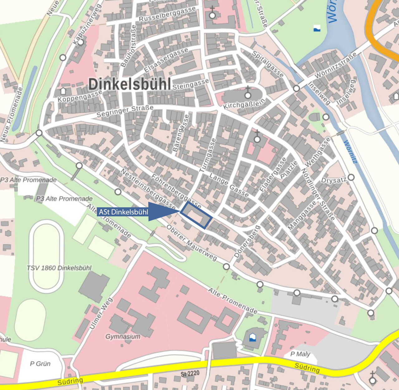  Lageplan Föhrenberggasse mit Markierung der Außenstelle Dinkelsbühl